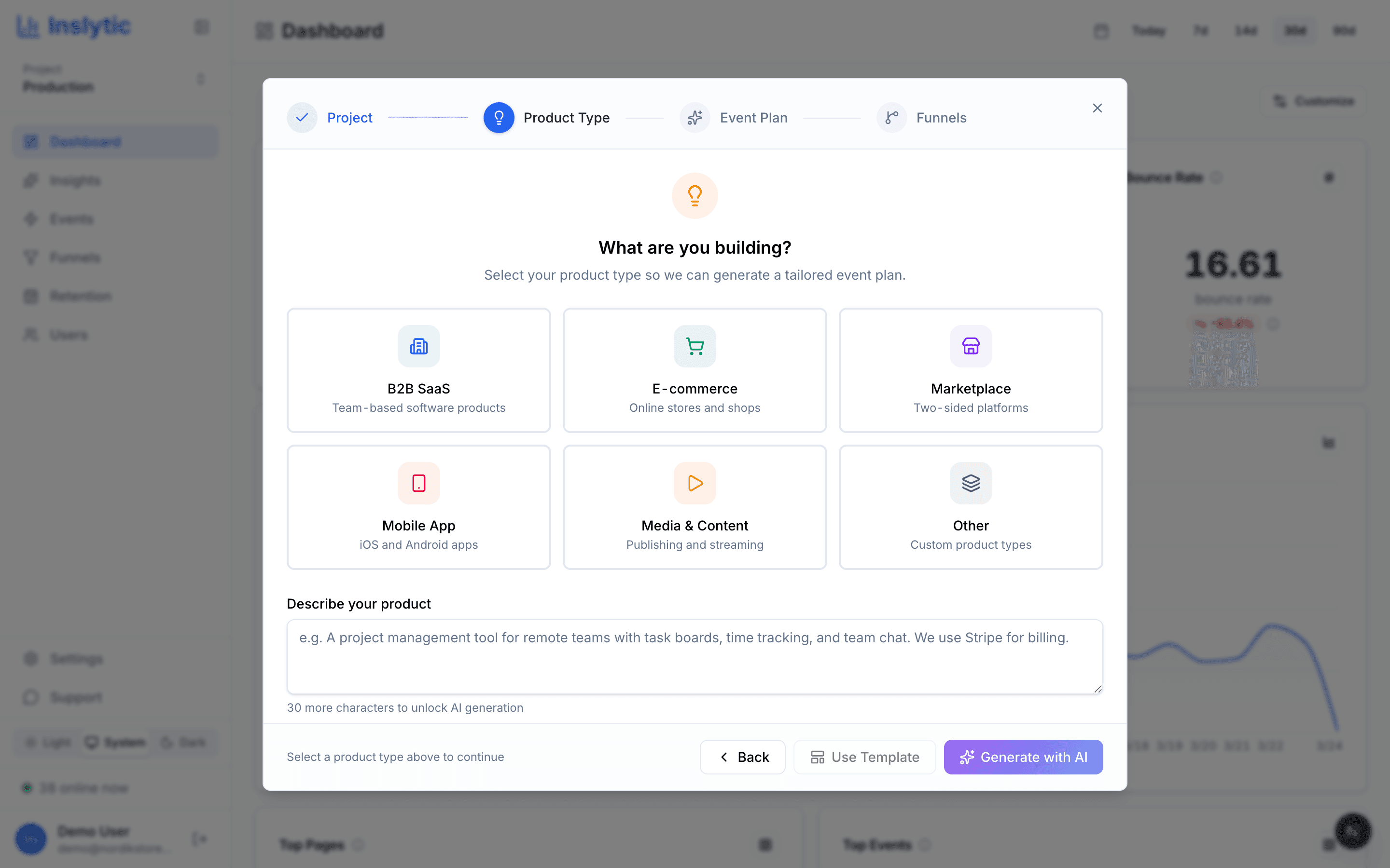 Inslytic onboarding wizard asking for product type and use-cases